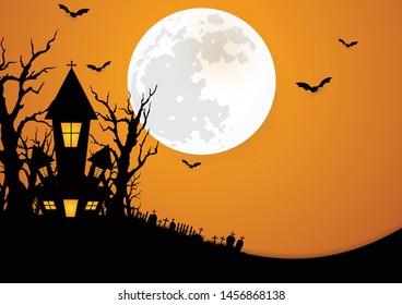 Halloween background decorated with castles and pumpkins with a full moon on the back.