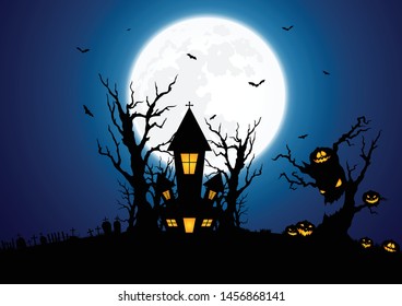 Halloween background decorated with castles and pumpkins with a full moon on the back.