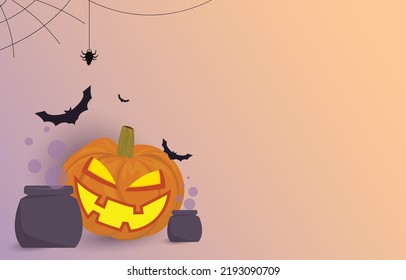 Halloween background. Decorated with ghost pumpkins, witch cauldrons, bats and spiders. with copy space. Horror and Ghost Day Concept Illustration Vector