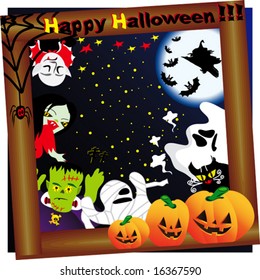 Halloween background decorated with yellow pumpkins, spiders, bats, witch, Dracula, Frankenstein, skull, cats, mummies, ghosts the backdrop of sky, moon and stars VECTOR See Jpeg Also In My Portfolio