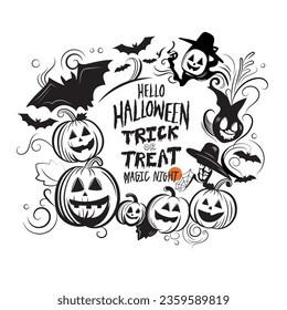 Halloween background decoration with Jack o lantern pumpkins and text design, doodle drawing style vector graphic