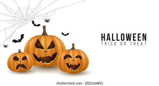 Halloween background design with 3d emotional cartoon pumpkins on white backdrop. Cover for holiday. Trick or treat. Cobweb with spider and bats. Vector illustration. EPS 10