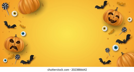 Halloween background design with 3d emotional cartoon smiling pumpkins and decorative eyes, sweets, lollipops, bats. Holiday cover, banner or party invitation. EPS 10