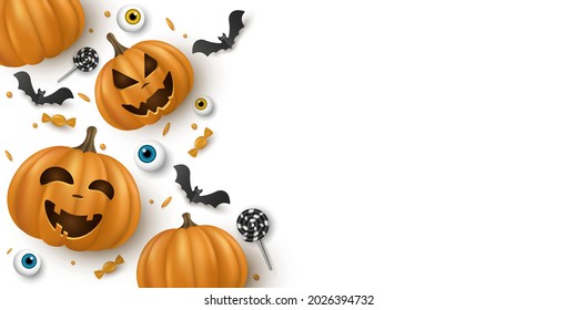 Halloween background design with 3d emotional cartoon smiling pumpkins and decorative eyes, sweets, lollipops, bats. Holiday cover, banner or party invitation. EPS 10