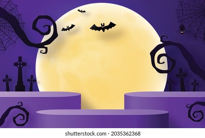 Halloween background design with 3d Podium round, square box stage podium ghost, pumpkin, bat, lamp, gravestone, moon, night, spooky,gravestone and paper cut art elements craft style on background.
