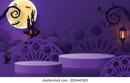 Diseño de fondo de Halloween con 3d Rodaje de Podio, caja cuadrada, fantasma de escenario de podio, calabaza, murciélago, lámpara, grava, luna, noche, espeluznante, lápida y elementos de arte de corte de papel estilo artesanal en el fondo.
