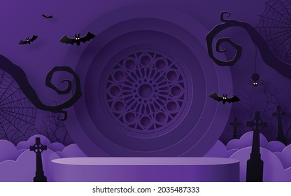 Halloween background design with 3d Podium round, square box stage podium ghost, pumpkin, bat, lamp, gravestone, moon, night, spooky,gravestone and paper cut art elements craft style on background.
