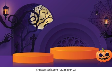 Halloween background design with 3d Podium round, square box stage podium ghost, pumpkin, bat, lamp, gravestone, moon, night, spooky,gravestone and paper cut art elements craft style on background.
