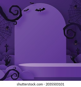 Halloween background design with 3d Podium round, square box stage podium ghost, pumpkin, bat, lamp, gravestone, moon, night, spooky,gravestone and paper cut art elements craft style on background.
