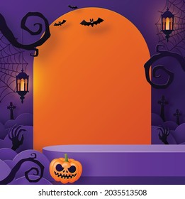 Halloween background design with 3d Podium round, square box stage podium ghost, pumpkin, bat, lamp, gravestone, moon, night, spooky,gravestone and paper cut art elements craft style on background.
