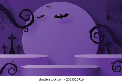 Halloween background design with 3d Podium round, square box stage podium ghost, pumpkin, bat, lamp, gravestone, moon, night, spooky,gravestone and paper cut art elements craft style on background.
