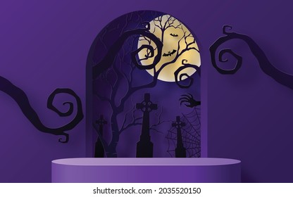 Diseño de fondo de Halloween con 3d Rodaje de Podio, caja cuadrada, fantasma de escenario de podio, calabaza, murciélago, lámpara, grava, luna, noche, espeluznante, lápida y elementos de arte de corte de papel estilo artesanal en el fondo.
