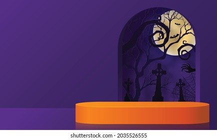 Halloween background design with 3d Podium round, square box stage podium ghost, pumpkin, bat, lamp, gravestone, moon, night, spooky,gravestone and paper cut art elements craft style on background.
