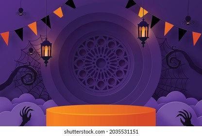 Halloween background design with 3d Podium round, square box stage podium ghost, pumpkin, bat, lamp, gravestone, moon, night, spooky,gravestone and paper cut art elements craft style on background.
