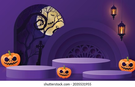 Diseño de fondo de Halloween con 3d Rodaje de Podio, caja cuadrada, fantasma de escenario de podio, calabaza, murciélago, lámpara, grava, luna, noche, espeluznante, lápida y elementos de arte de corte de papel estilo artesanal en el fondo.
