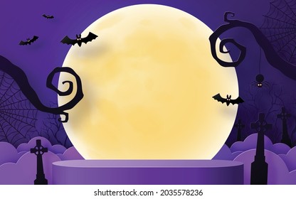 Halloween background design with 3d Podium round, square box stage podium ghost, pumpkin, bat, lamp, gravestone, moon, night, spooky,gravestone and paper cut art elements craft style on background.

