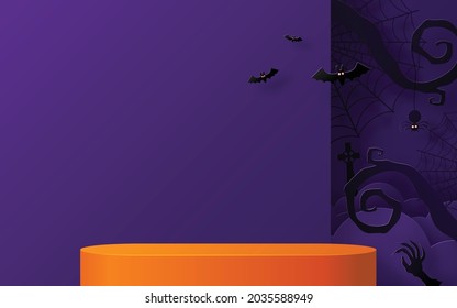 Halloween background design with 3d Podium round, square box stage podium ghost, pumpkin, bat, lamp, gravestone, moon, night, spooky,gravestone and paper cut art elements craft style on background.
