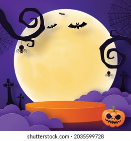 Halloween background design with 3d Podium round, square box stage podium ghost, pumpkin, bat, lamp, gravestone, moon, night, spooky,gravestone and paper cut art elements craft style on background.
