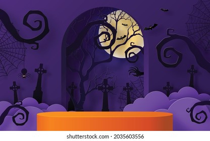 Halloween background design with 3d Podium round, square box stage podium ghost, pumpkin, bat, lamp, gravestone, moon, night, spooky,gravestone and paper cut art elements craft style on background.
