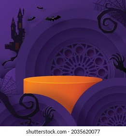 Diseño de fondo de Halloween con 3d Rodaje de Podio, caja cuadrada, fantasma de escenario de podio, calabaza, murciélago, lámpara, grava, luna, noche, espeluznante, lápida y elementos de arte de corte de papel estilo artesanal en el fondo.
