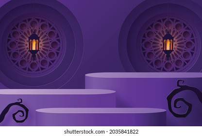Halloween background design with 3d Podium round, square box stage podium ghost, pumpkin, bat, lamp, gravestone, moon, night, spooky,gravestone and paper cut art elements craft style on background.
