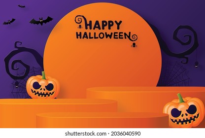 Halloween background design with 3d Podium round, square box stage podium ghost, pumpkin, bat, lamp, gravestone, moon, night, spooky,gravestone and paper cut art elements craft style on background.
