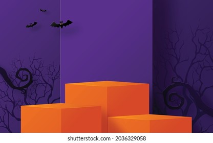 Halloween background design with 3d Podium round, square box stage podium ghost, pumpkin, bat, lamp, gravestone, moon, night, spooky,gravestone and paper cut art elements craft style on background.
