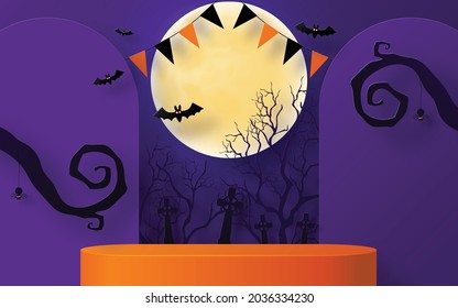 Halloween background design with 3d Podium round, square box stage podium ghost, pumpkin, bat, lamp, gravestone, moon, night, spooky,gravestone and paper cut art elements craft style on background.
