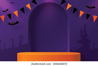 Halloween background design with 3d Podium round, square box stage podium ghost, pumpkin, bat, lamp, gravestone, moon, night, spooky,gravestone and paper cut art elements craft style on background.
