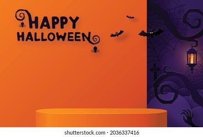 Halloween background design with 3d Podium round, square box stage podium ghost, pumpkin, bat, lamp, gravestone, moon, night, spooky,gravestone and paper cut art elements craft style on background.
