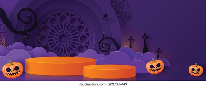 Halloween background design with 3d Podium round, square box stage podium ghost, pumpkin, bat, lamp, gravestone, moon, night, spooky,gravestone and paper cut art elements craft style on background.
