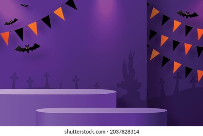 Halloween background design with 3d Podium round, square box stage podium ghost, pumpkin, bat, lamp, gravestone, moon, night, spooky,gravestone and paper cut art elements craft style on background.
