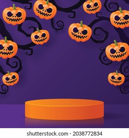 Diseño de fondo de Halloween con 3d Rodaje de Podio, caja cuadrada, fantasma de escenario de podio, calabaza, murciélago, lámpara, grava, luna, noche, espeluznante, lápida y elementos de arte de corte de papel estilo artesanal en el fondo.

