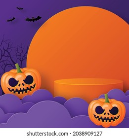 Halloween background design with 3d Podium round, square box stage podium ghost, pumpkin, bat, lamp, gravestone, moon, night, spooky,gravestone and paper cut art elements craft style on background.
