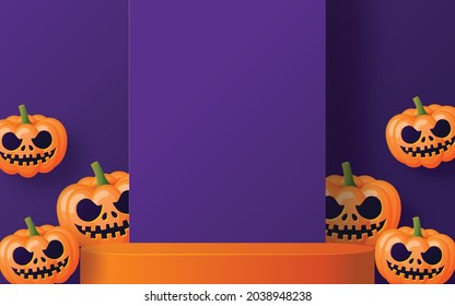 Halloween background design with 3d Podium round, square box stage podium ghost, pumpkin, bat, lamp, gravestone, moon, night, spooky,gravestone and paper cut art elements craft style on background.
