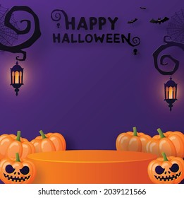 Diseño de fondo de Halloween con 3d Rodaje de Podio, caja cuadrada, fantasma de escenario de podio, calabaza, murciélago, lámpara, grava, luna, noche, espeluznante, lápida y elementos de arte de corte de papel estilo artesanal en el fondo.
