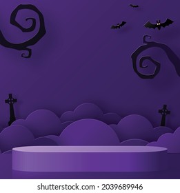Halloween background design with 3d Podium round, square box stage podium ghost, pumpkin, bat, lamp, gravestone, moon, night, spooky,gravestone and paper cut art elements craft style on background.
