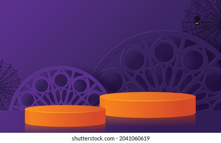 Halloween background design with 3d Podium round, square box stage podium ghost, pumpkin, bat, lamp, gravestone, moon, night, spooky,gravestone and paper cut art elements craft style on background.
