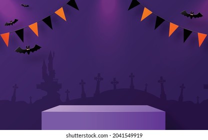 Halloween-Hintergrund-Design mit 3D-Podium-Runde, quadratischem Podiumphasen-Wirt, Kürbis, Fledermaus, Lampe, Grabstein, Mond, Nacht, Leckerbissen, Grabstein und Papier-Schnittkunst-Stil auf dem Hintergrund.
