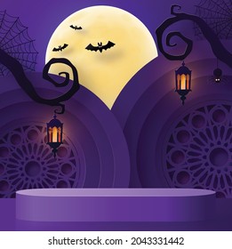 Halloween background design with 3d Podium round, square box stage podium ghost, pumpkin, bat, lamp, gravestone, moon, night, spooky,gravestone and paper cut art elements craft style on background.
