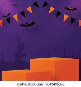 Halloween background design with 3d Podium round, square box stage podium ghost, pumpkin, bat, lamp, gravestone, moon, night, spooky,gravestone and paper cut art elements craft style on background.
