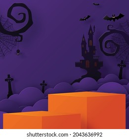 Diseño de fondo de Halloween con 3d Rodaje de Podio, caja cuadrada, fantasma de escenario de podio, calabaza, murciélago, lámpara, grava, luna, noche, espeluznante, lápida y elementos de arte de corte de papel estilo artesanal en el fondo.
