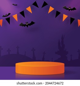 Halloween background design with 3d Podium round, square box stage podium ghost, pumpkin, bat, lamp, gravestone, moon, night, spooky,gravestone and paper cut art elements craft style on background.
