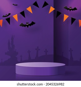 Halloween background design with 3d Podium round, square box stage podium ghost, pumpkin, bat, lamp, gravestone, moon, night, spooky,gravestone and paper cut art elements craft style on background.
