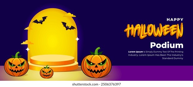 Halloween background design with 3d Podium round, square box stage podium ghost, pumpkin, bat, lamp, gravestone, moon, night, spooky,gravestone and paper cut art elements craft style on background.