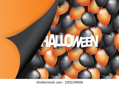 Halloween background design with black and orange balloons and pealing off curved egde wrapping paper. Vector illustration.