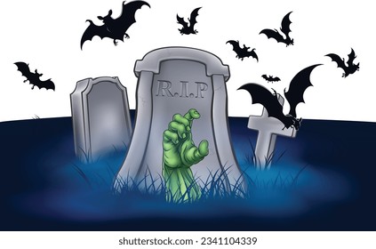 A Halloween background design with cartoon bats and monster hand coming out of a grave in a graveyard