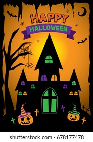 Halloween background design with castle and pumpkin on orange background