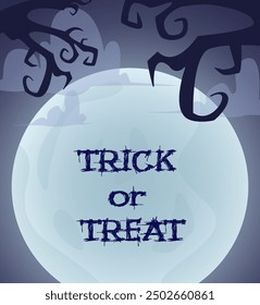 Halloween background for design with creepy tree branches, clouds and moon. Vector illustration