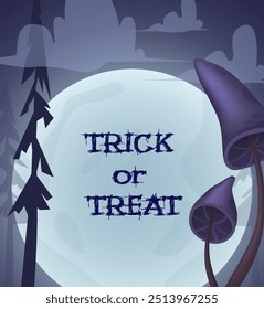 Halloween background for design with creepy tree, clouds, mushrooms and moon. Vector illustration